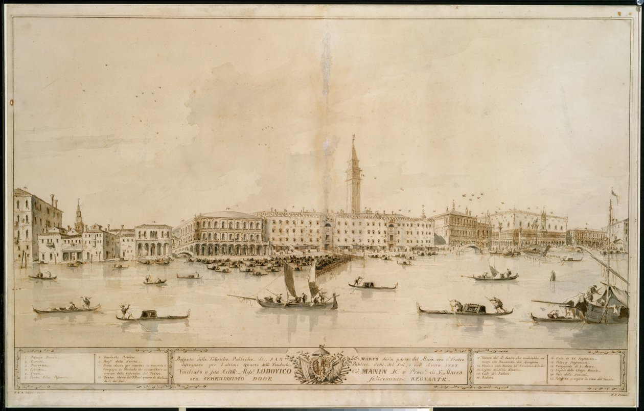Panorama van Venetië vanaf het Bacino di San Marco, met inbegrip van het ontwerp voor het voorgestelde Teatro Manin door Francesco Guardi