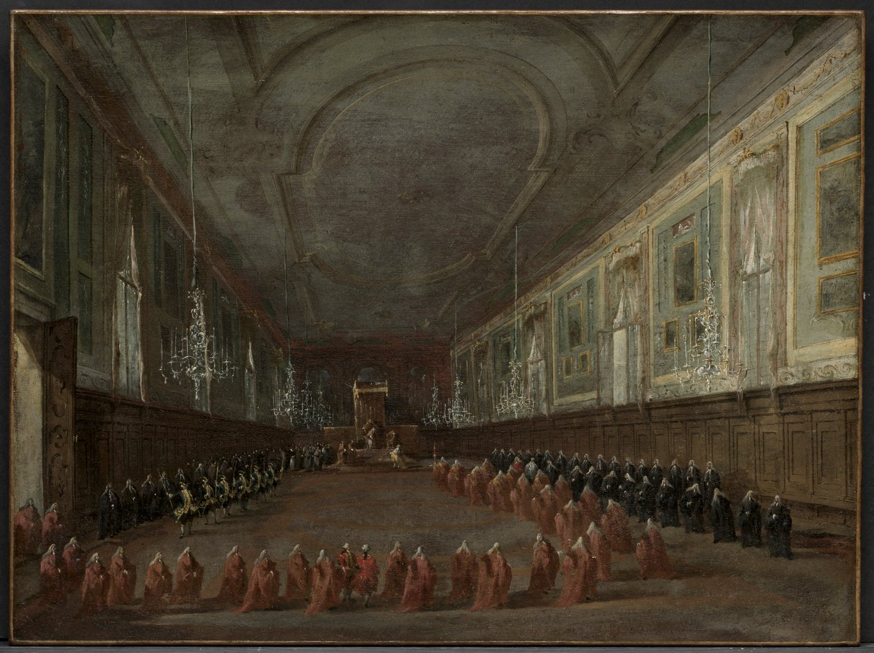 Paus Pius VI daalt van de troon om afscheid te nemen van de Doge in de hal door Francesco Guardi