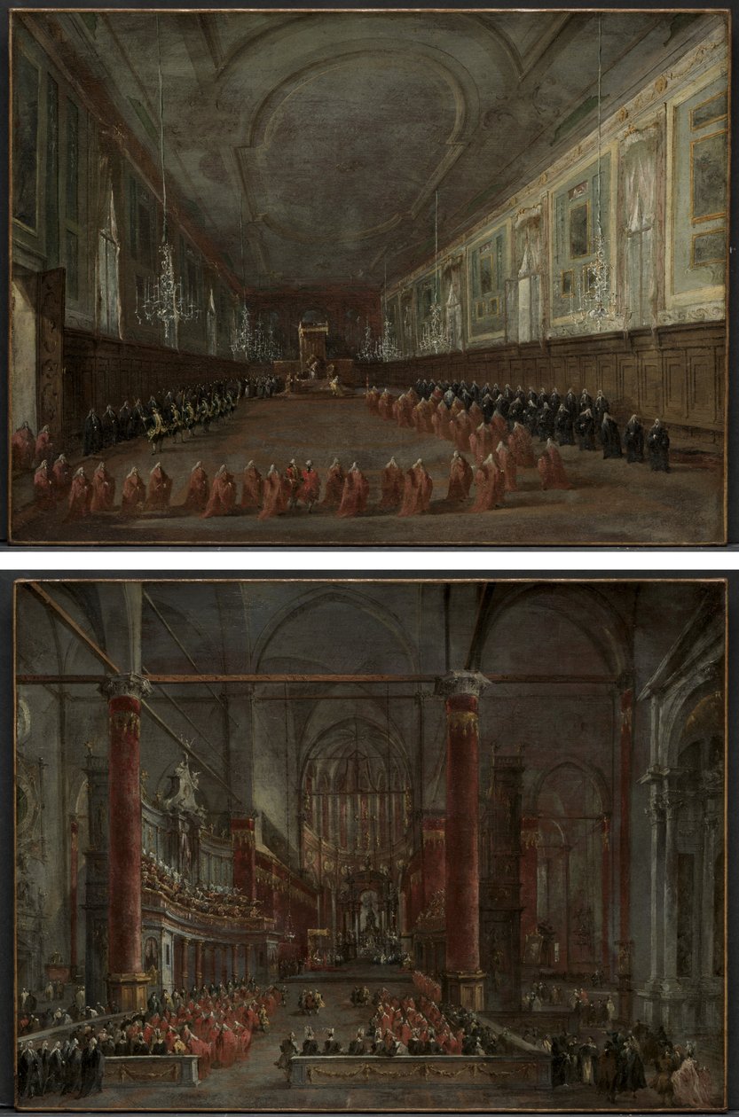 Paus Pius VI Daalt de Troon af om Afscheid te Nemen van de Doge in de Hal van SS. Giovanni e Paolo, 1782 en Pontificale Ceremonie in SS. Giovanni e Paolo, Venetië, 1782 (paar) door Francesco Guardi