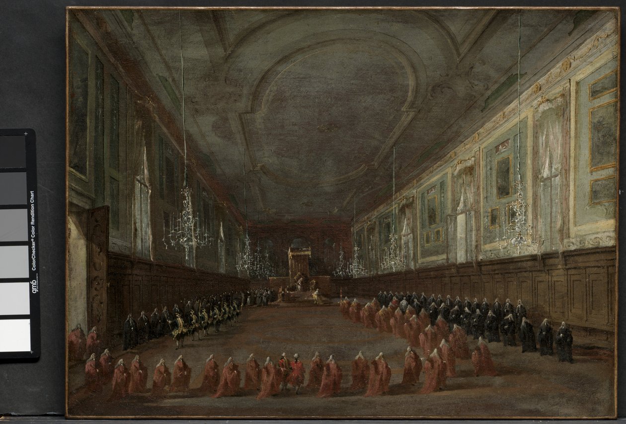 Paus Pius VI daalt de troon af om afscheid te nemen van de doge in de zaal van SS. Giovanni e Paolo, 1782 en Pontificale ceremonie in SS. Giovanni e Paolo, Venetië, 1782, ca. 1783 door Francesco Guardi
