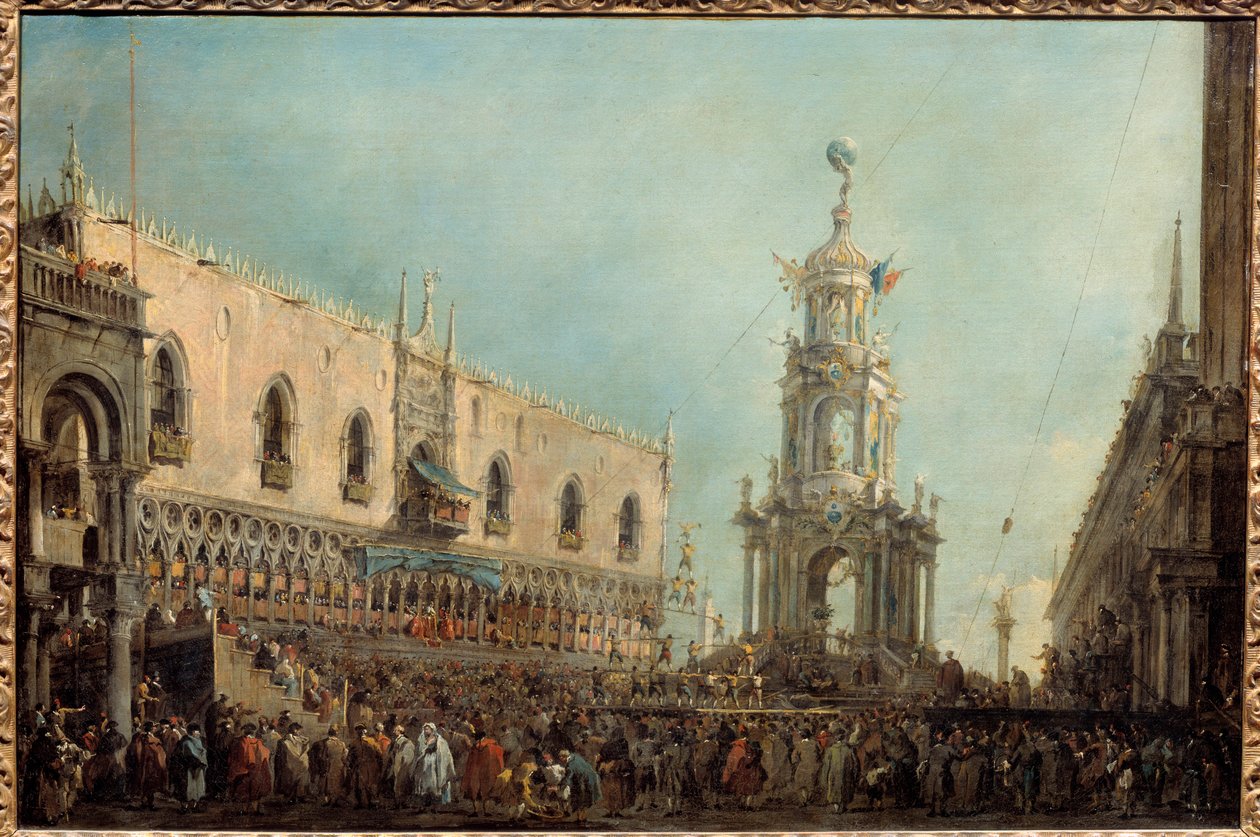De Doge van Venetië woont de Gras Donderdag vieringen bij op Piazzetta di San Marco door Francesco Guardi