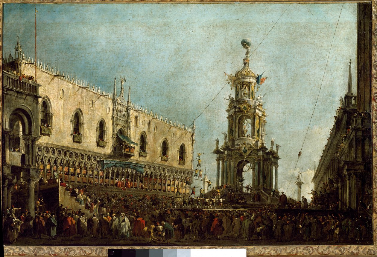 De doge van Venetië woont de Vastenavondviering bij op de Piazzetta di San Marco door Francesco Guardi