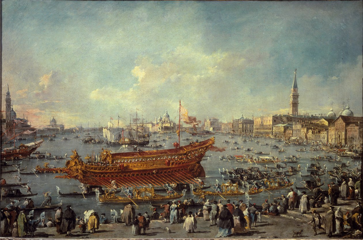 Het vertrek van de Bucentaur naar het Lido van Venetië voor de Hemelvaartsdag ceremonie door Francesco Guardi