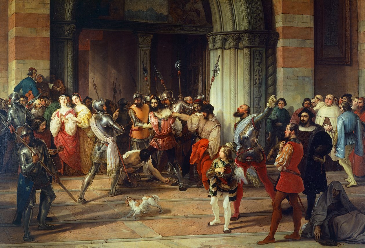 Ventura Fenaroli gearresteerd in de Carmine Kerk in Brescia door de Fransen, door Francesco Hayez door Francesco Hayez