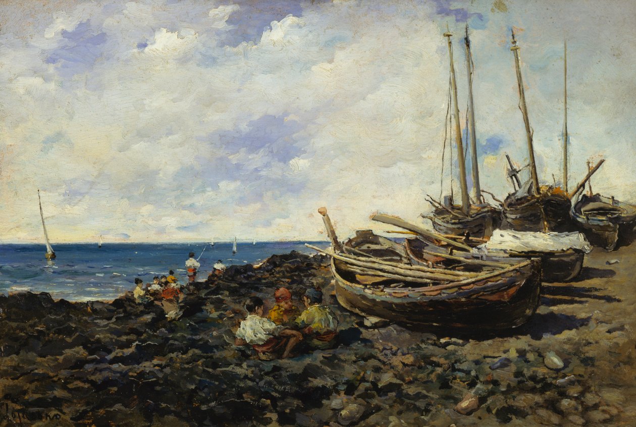 Vissers met boten aan de kust door Francesco Lojacono