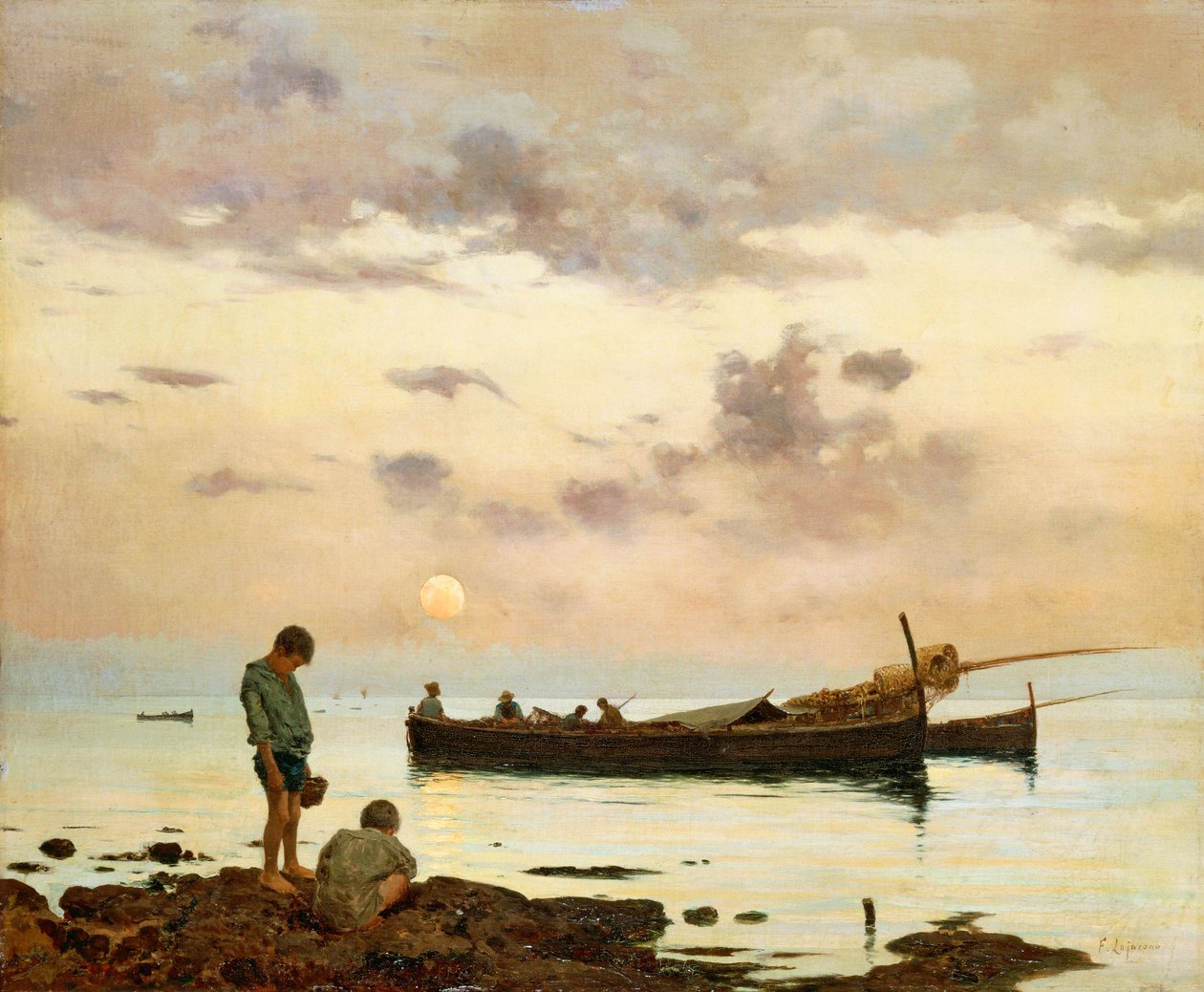 Marina met vissersboot en jongens, door Francesco Lojacono, olieverf op doek door Francesco Lojacono