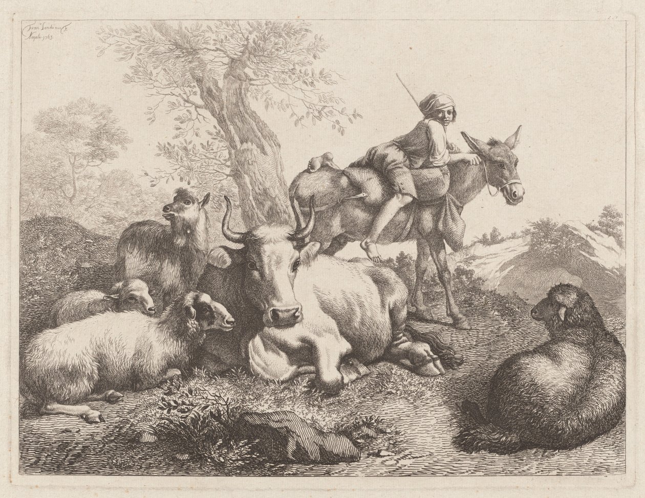 Jongen op een ezel die een groep dieren bewaakt, 1763 door Francesco Londonio