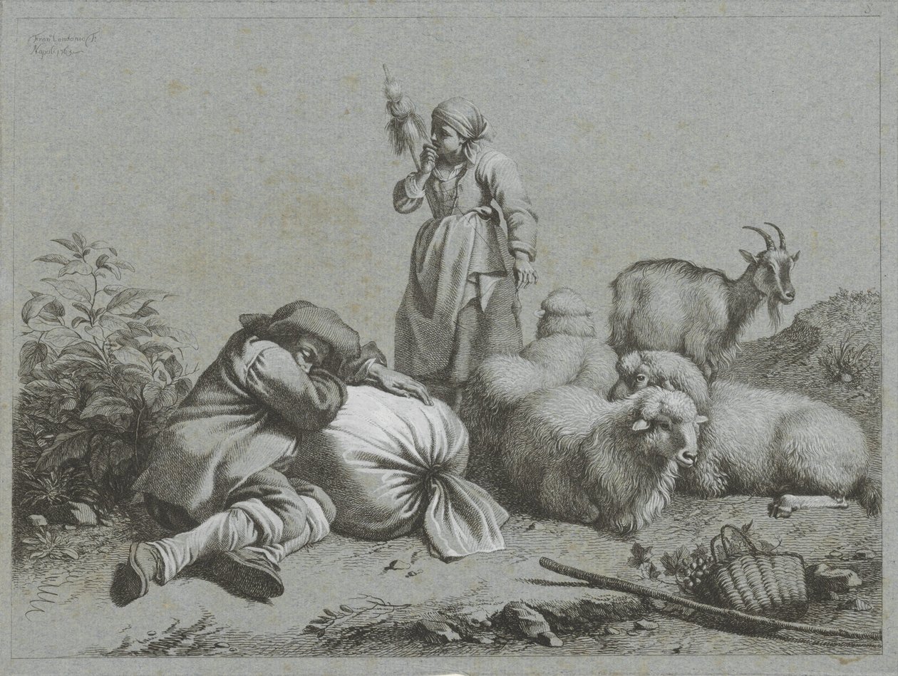 Herder en herderin met schapen en geit door Francesco Londonio