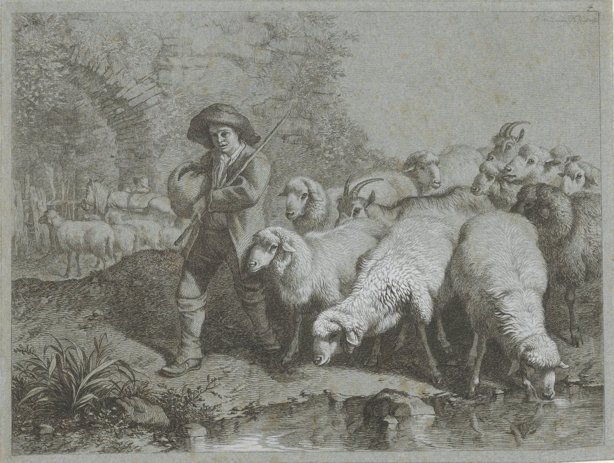Herder met kudde schapen en geiten door Francesco Londonio