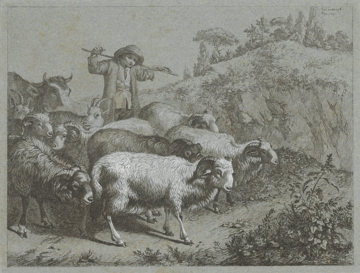 Herder met rammen, geiten en koe door Francesco Londonio