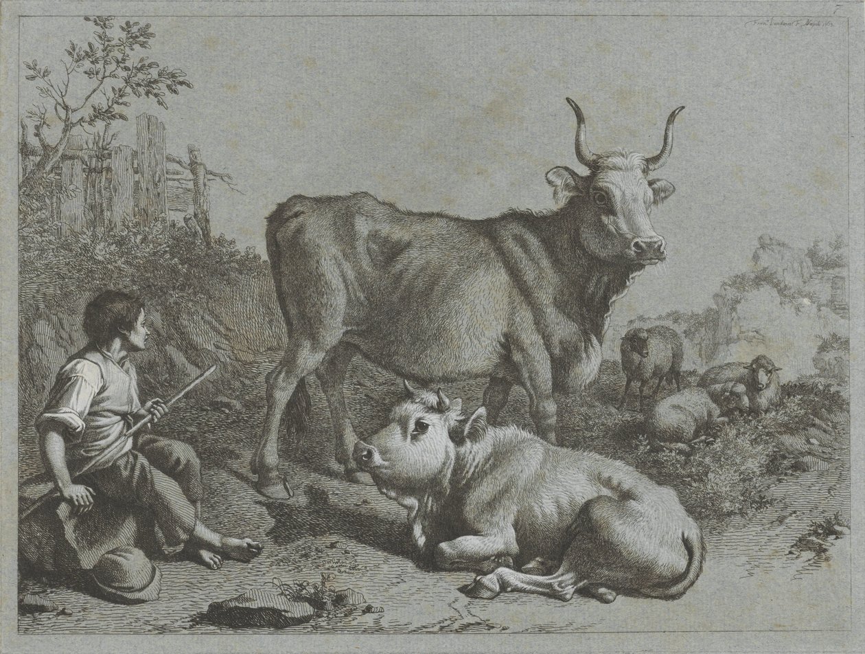 Herdersjongen met twee runderen en drie schapen door Francesco Londonio