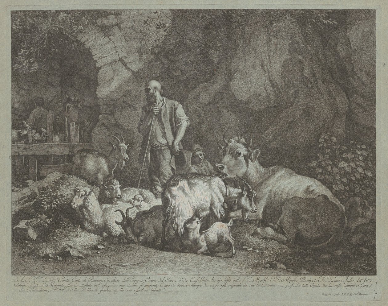Oude, kale herder, zittende herdersjongen en kudde door Francesco Londonio