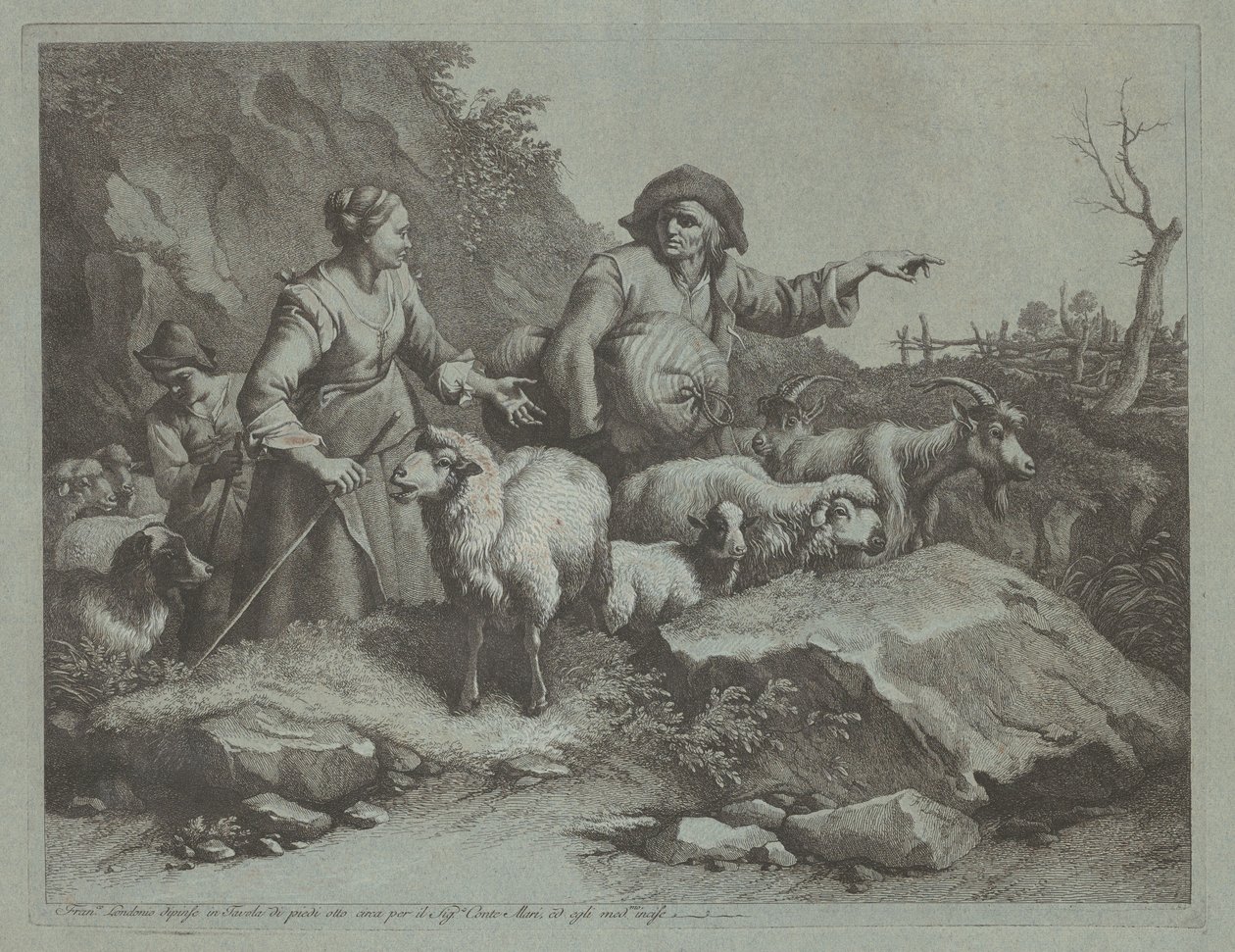 Boerenman met een zak en twee herderinnen door Francesco Londonio
