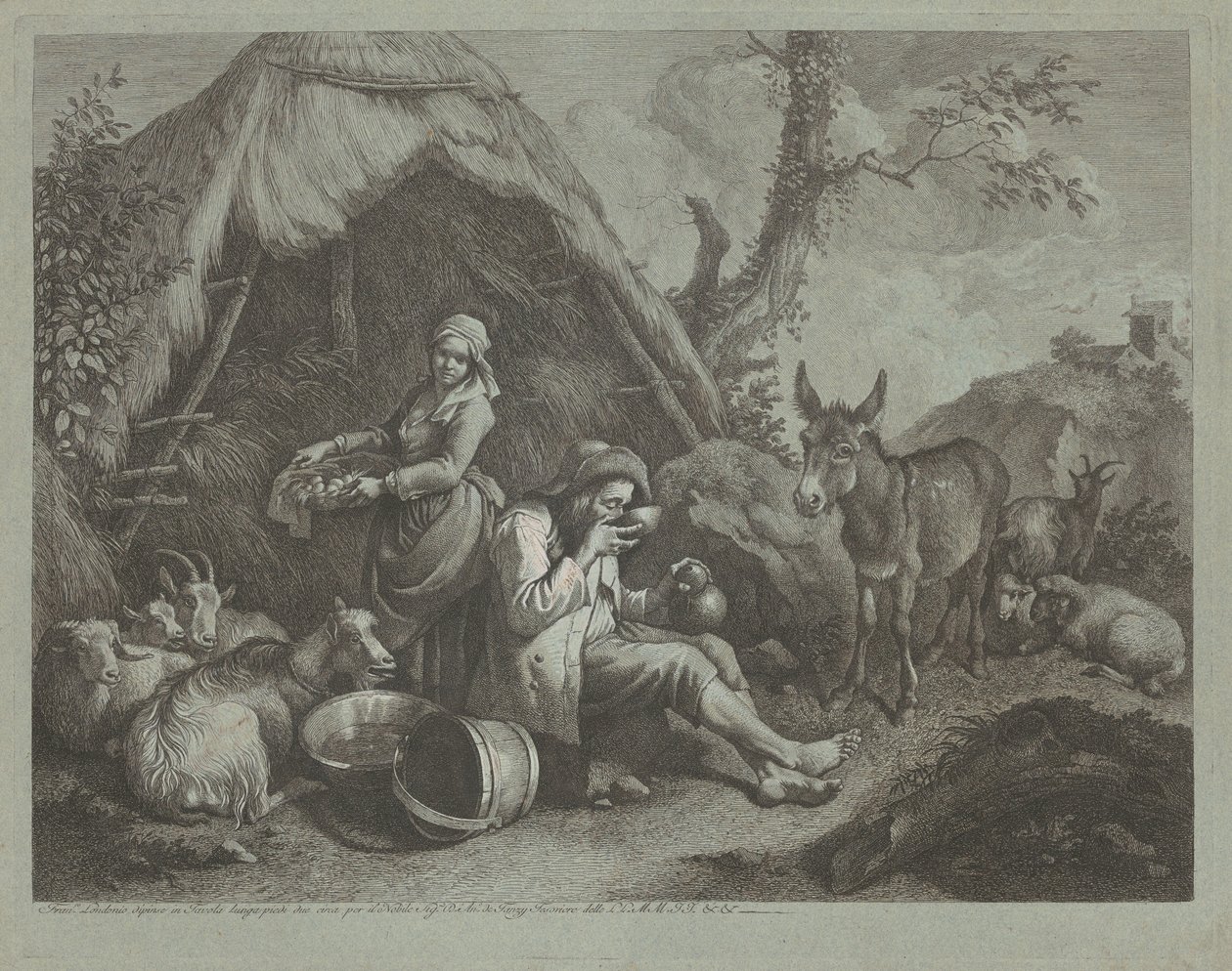 Zittende oude man en vrouw met een mand eieren, 1759-1782 door Francesco Londonio