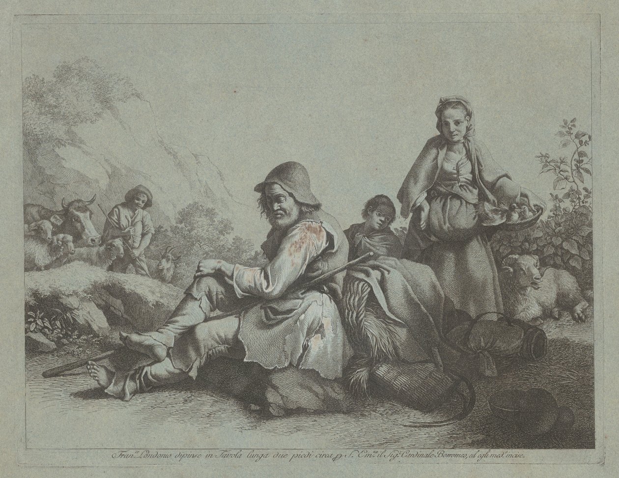 Zittende herder en een boerin met een mand, 1759-1782 door Francesco Londonio