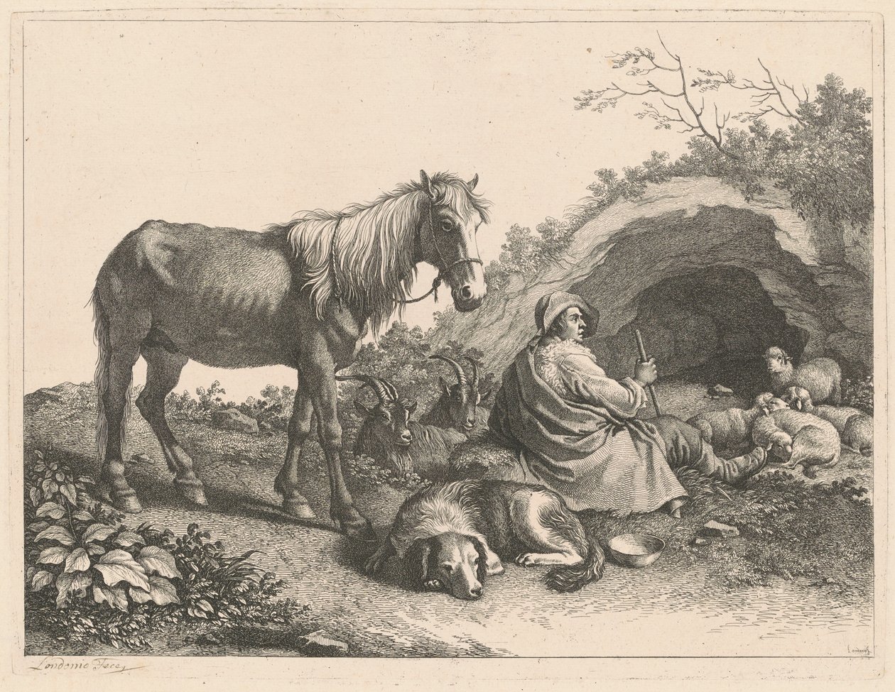 Zittende herder met paard, hond, geiten en schapen door Francesco Londonio