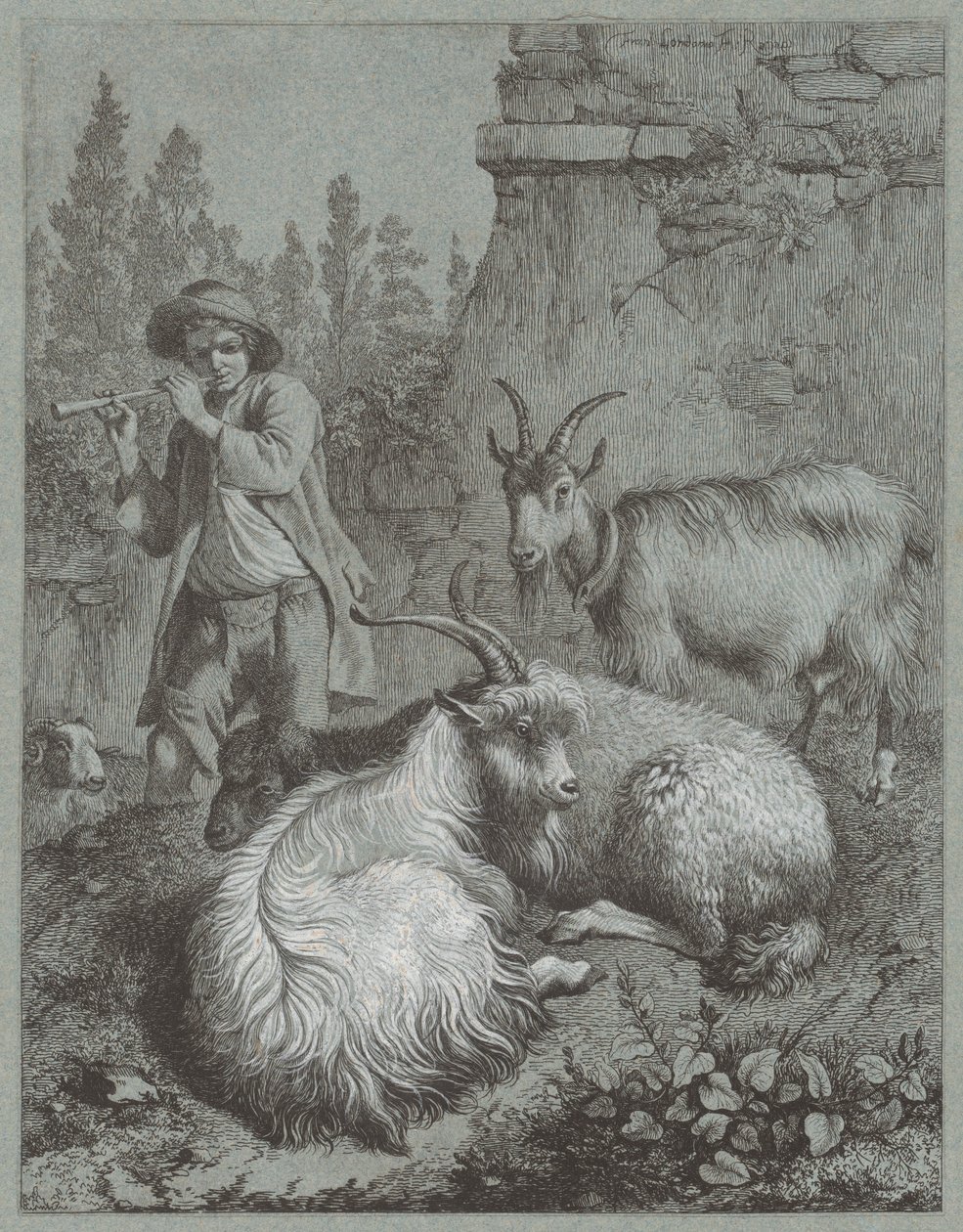Herder die een fluit speelt met geiten door Francesco Londonio