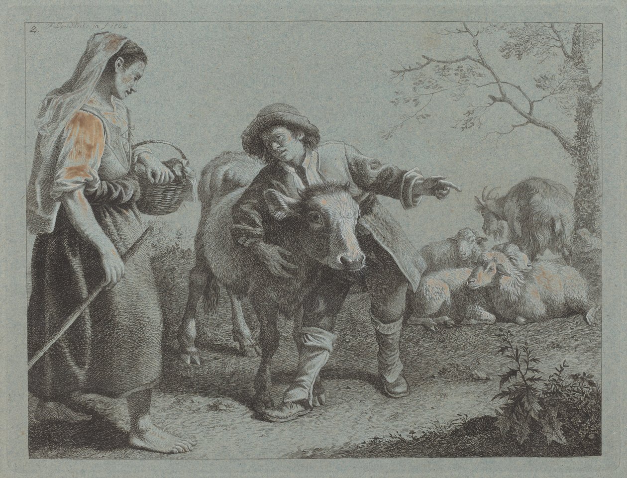 Herder wijst de richting aan een herderin door Francesco Londonio
