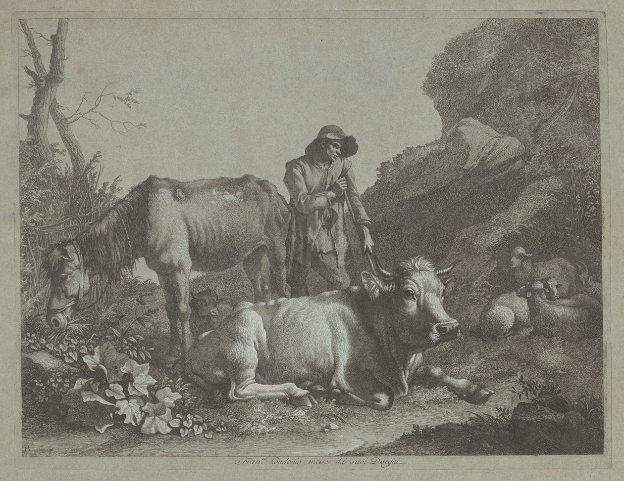 Herder rustend op een wandelstok met een oud paard en een liggende stier, na 1767 door Francesco Londonio