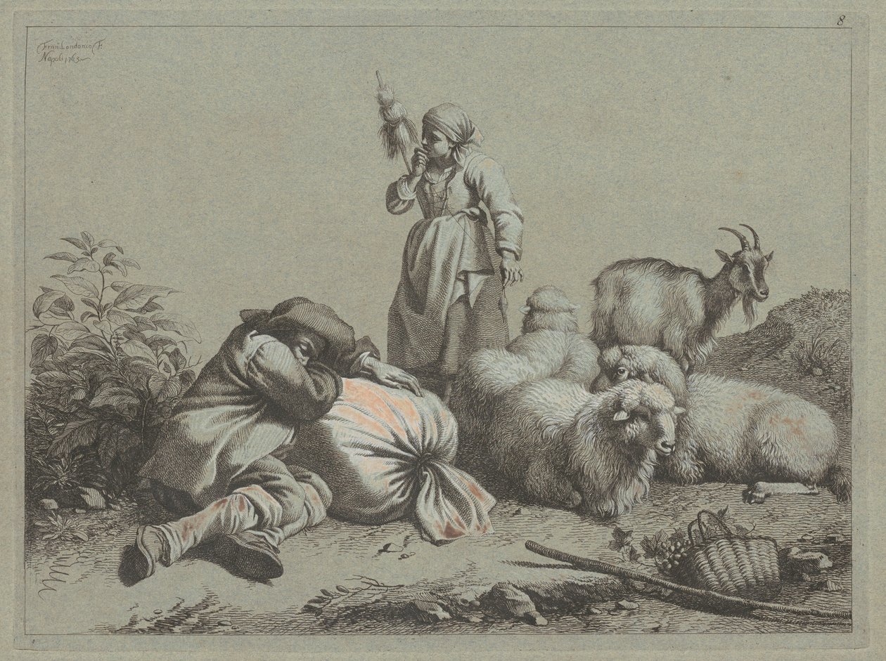 Slapende Boer en Staande Spinner, 1763 door Francesco Londonio