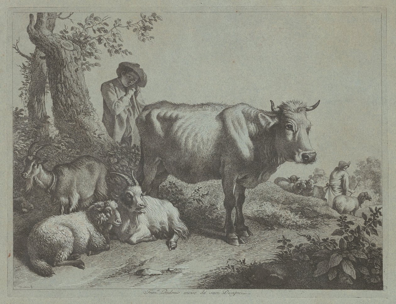 Staande Koe en een Herderjongen met Kudde, 1760s door Francesco Londonio