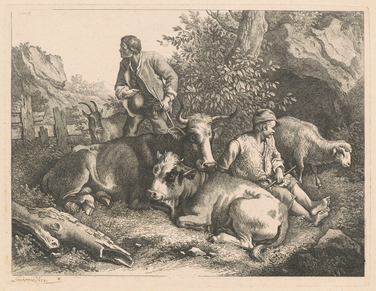 Twee herders met een koe en kalf door Francesco Londonio