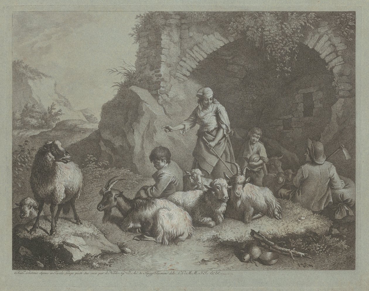 Vrouw, Herderjongens en Schapen bij een Boog door Francesco Londonio