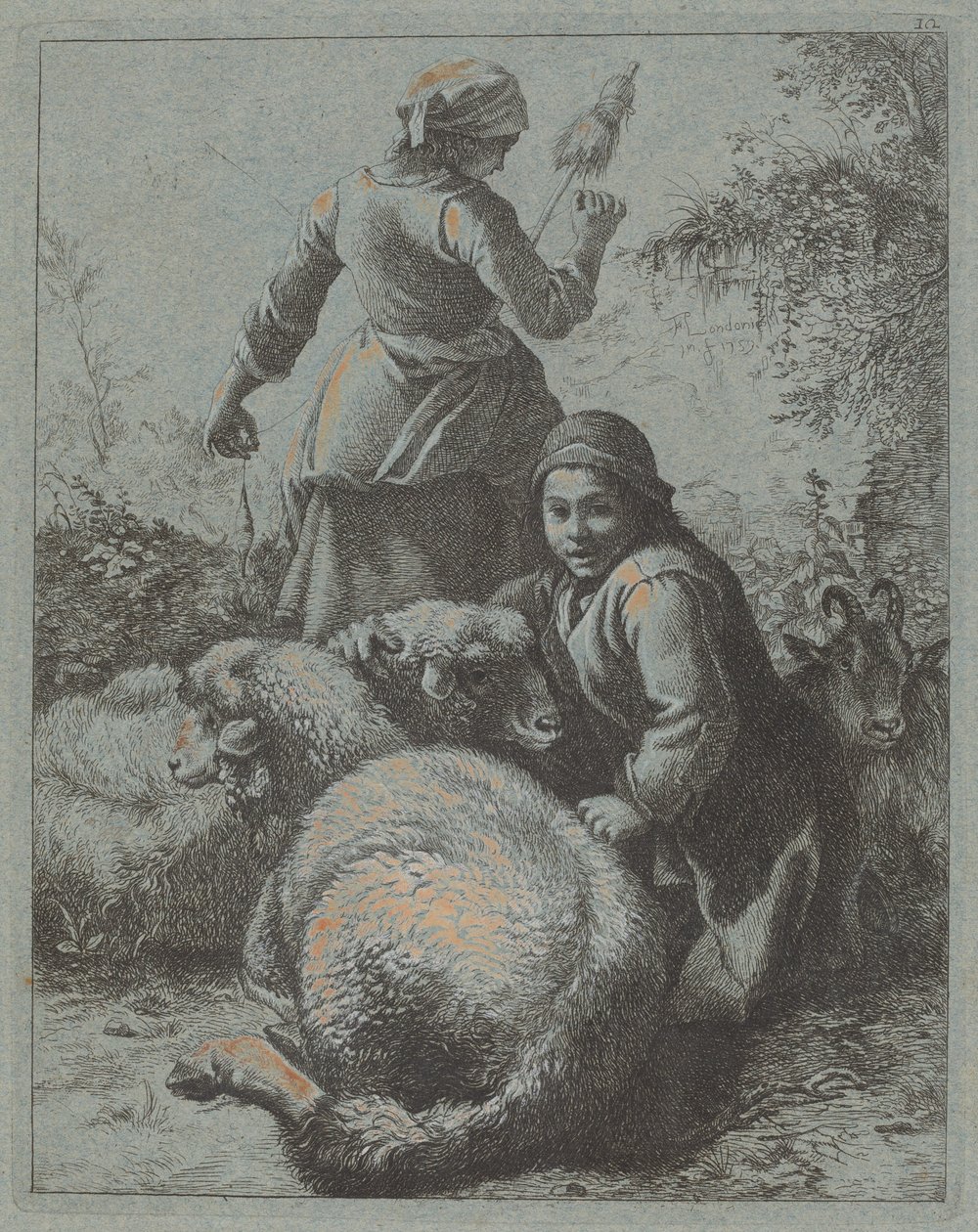 Vrouw Spinner en een Herder met Kudde door Francesco Londonio