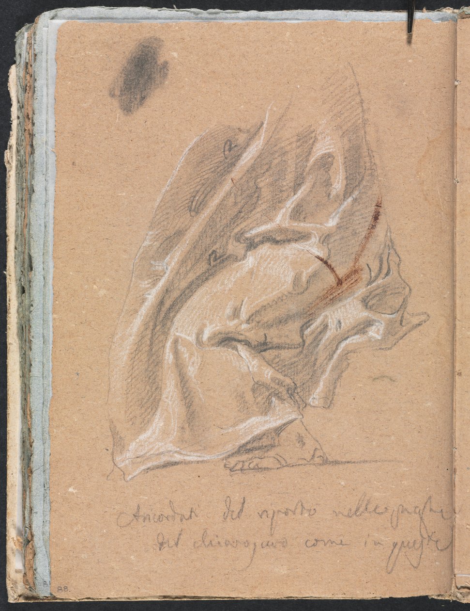 Verona Schetsboek: Draperiestudie met voet en inscriptie (pagina 88) door Francesco Lorenzi