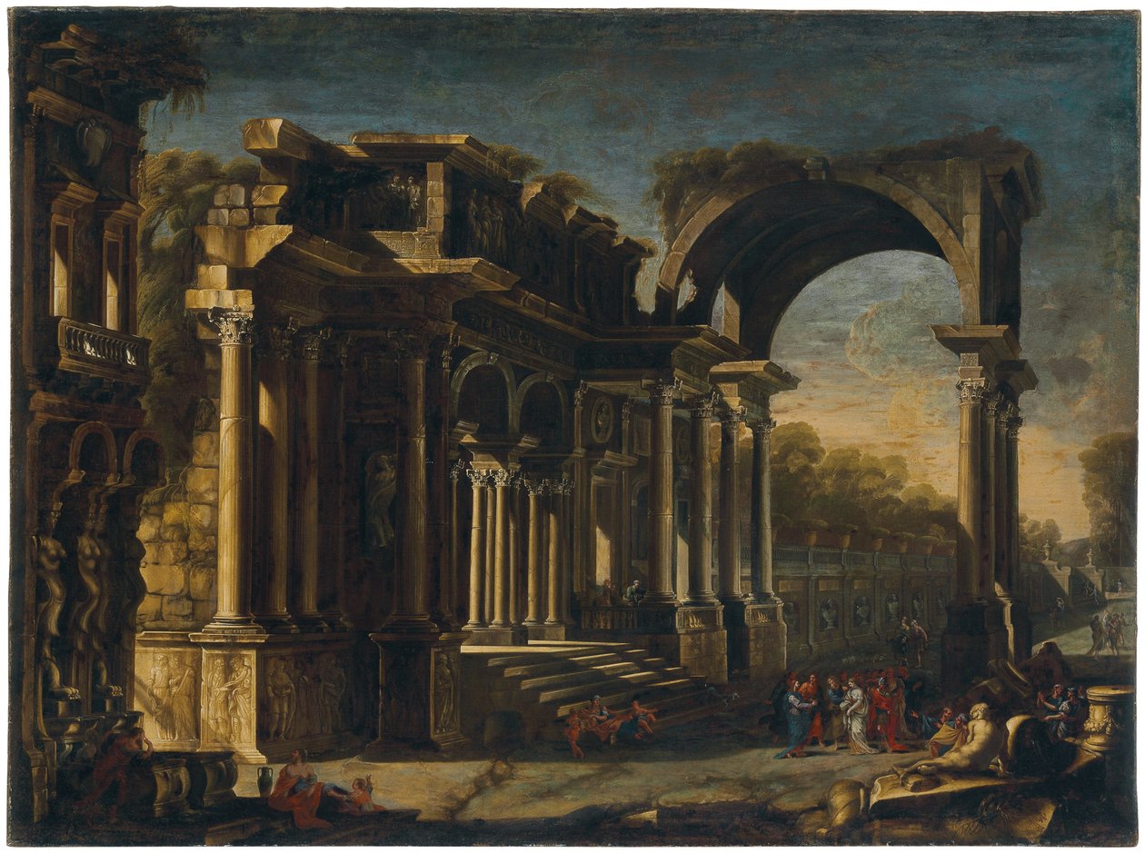Capriccio met Romeinse ruïnes en Christus met de overspelige vrouw door Francesco Maglioli