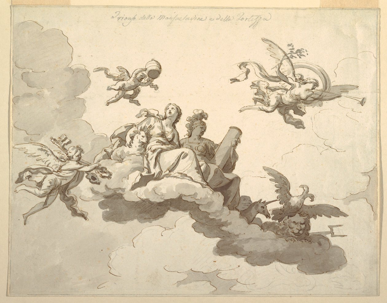 Ontwerp voor een Beschilderd Plafond: Triomf van Zachtmoedigheid en Kracht door Francesco Manno