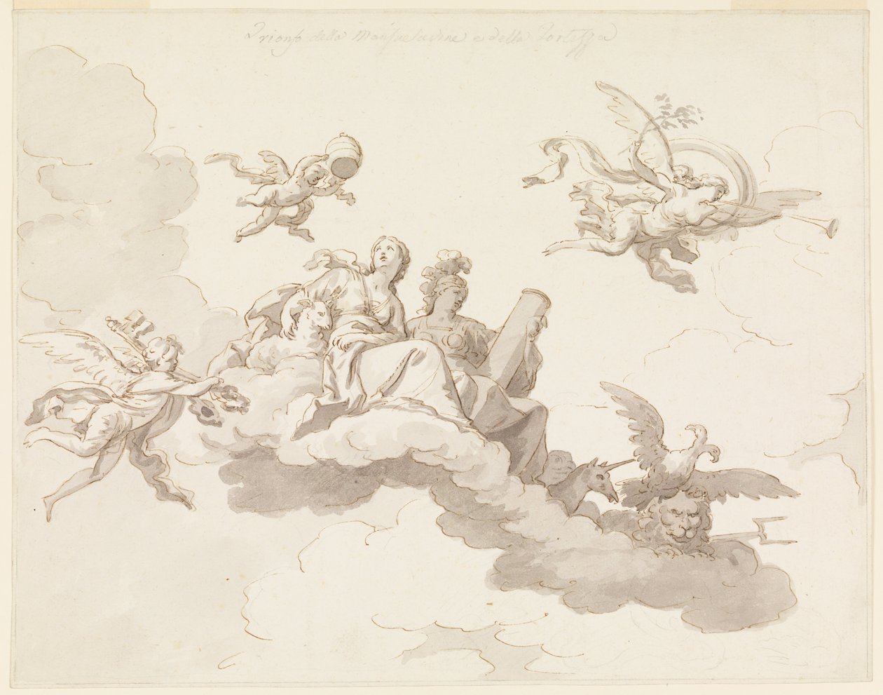 Ontwerp voor een geschilderd plafond: Triomf van zachtheid en kracht door Francesco Manno
