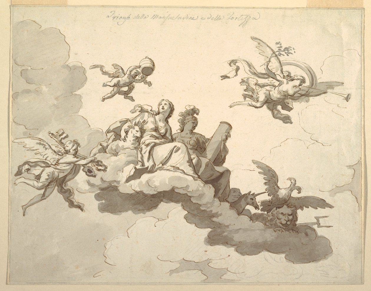 Tekening, Ontwerp voor een geschilderd plafond: Triomf van zachtmoedigheid en kracht, ca. 1780 door Francesco Manno