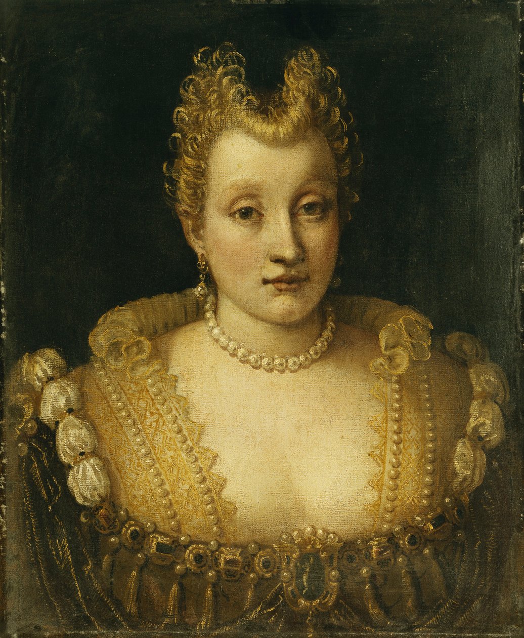 Portret van een Dame, Verondersteld van de Contarini Familie, Bustelengte, Met een Uitbundige Jurk met Juwelen en een Parelketting en Oorbellen door Francesco Montemezzano