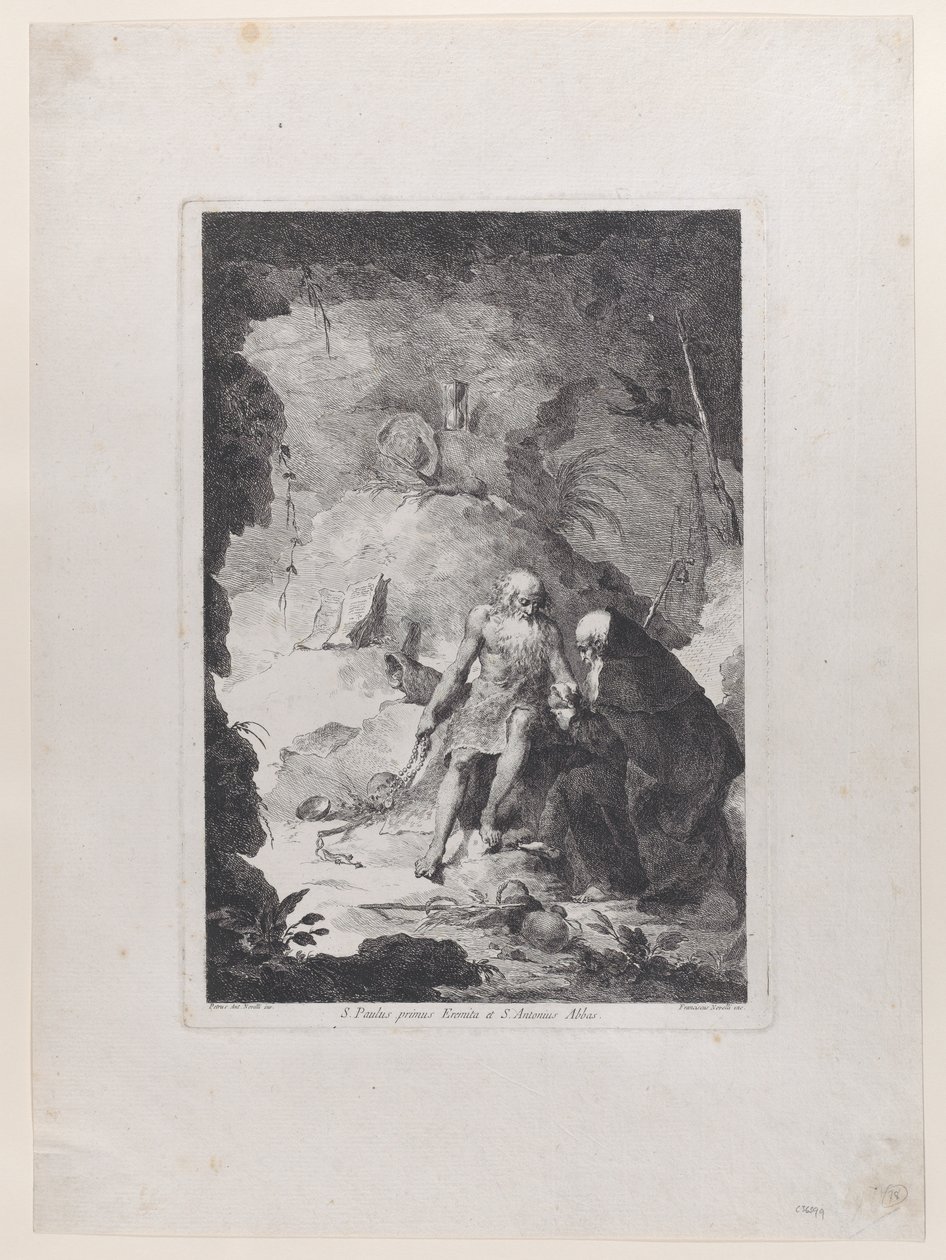 Sint Paulus de kluizenaar en Sint Antonius Abt in gesprek in een landschap, ca. 1784-1836 door Francesco Novelli
