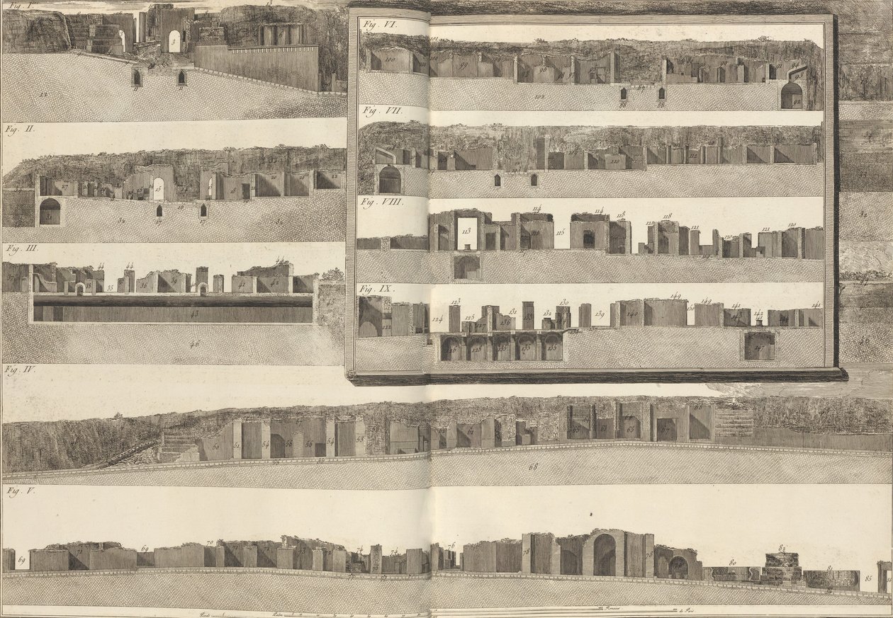 Dwarsdoorsneden die de verschillende aspecten van de gebouwen in het plan van Pompeii laten zien door Francesco Piranesi