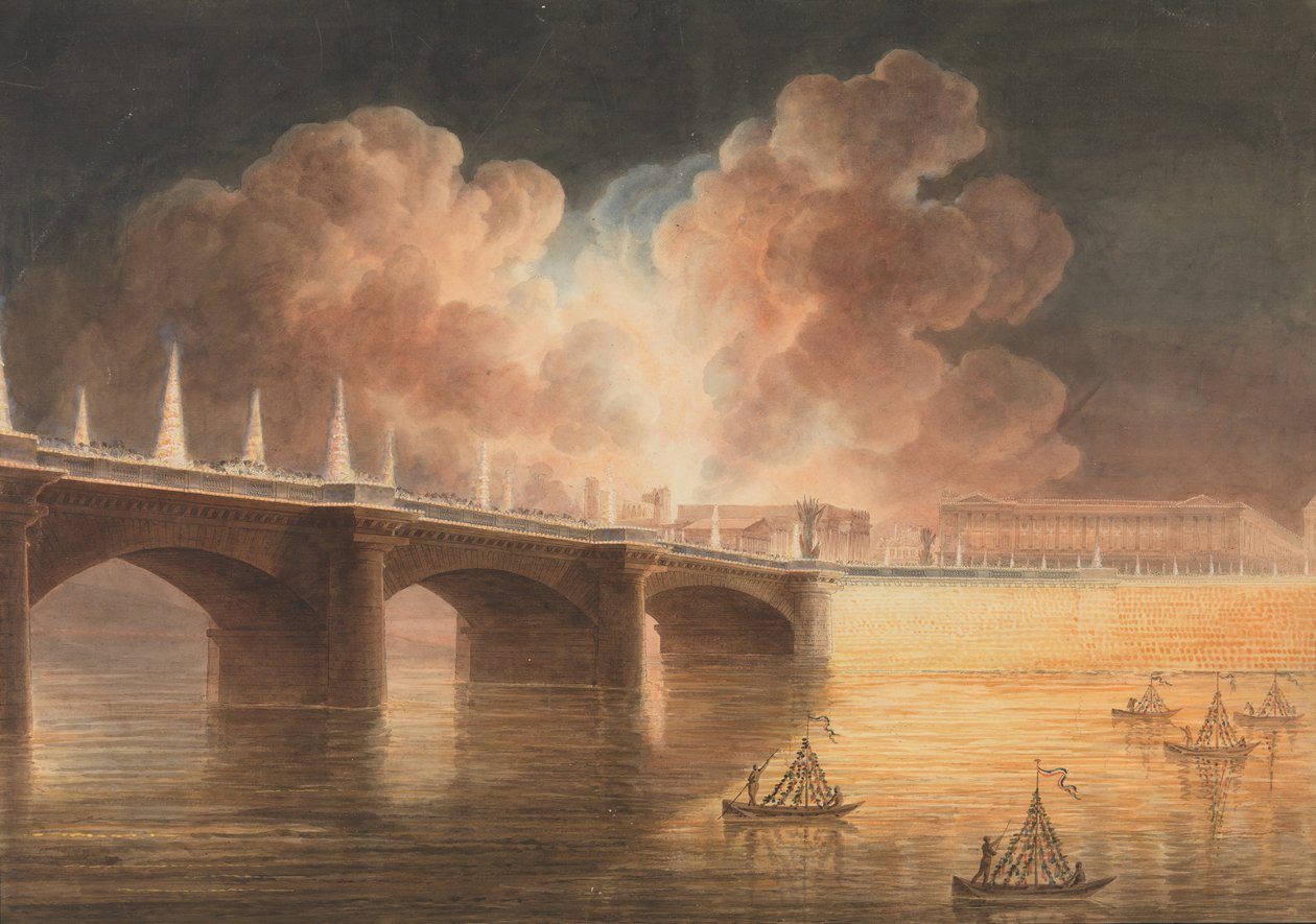 Feest voor de algemene vrede gegeven in Parijs op 18 Brumaire. Pont en Place de la Concorde, 1801-2 door Francesco Piranesi