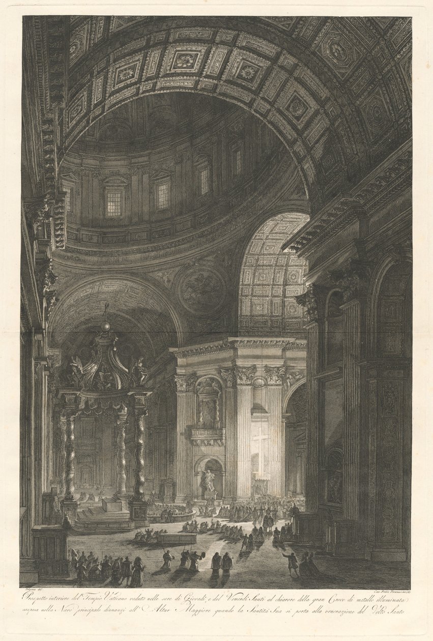 Interieur van de Sint-Pieter, met de verlichting van het kruis van Sint-Pieter door Francesco Piranesi