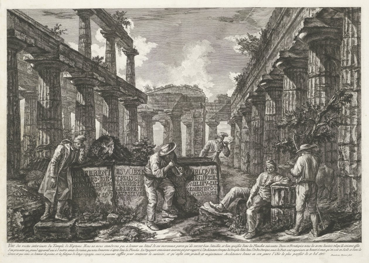 Titelprent met resten van de Tempel van Neptunus te Paestum met titel op blokken door Francesco Piranesi