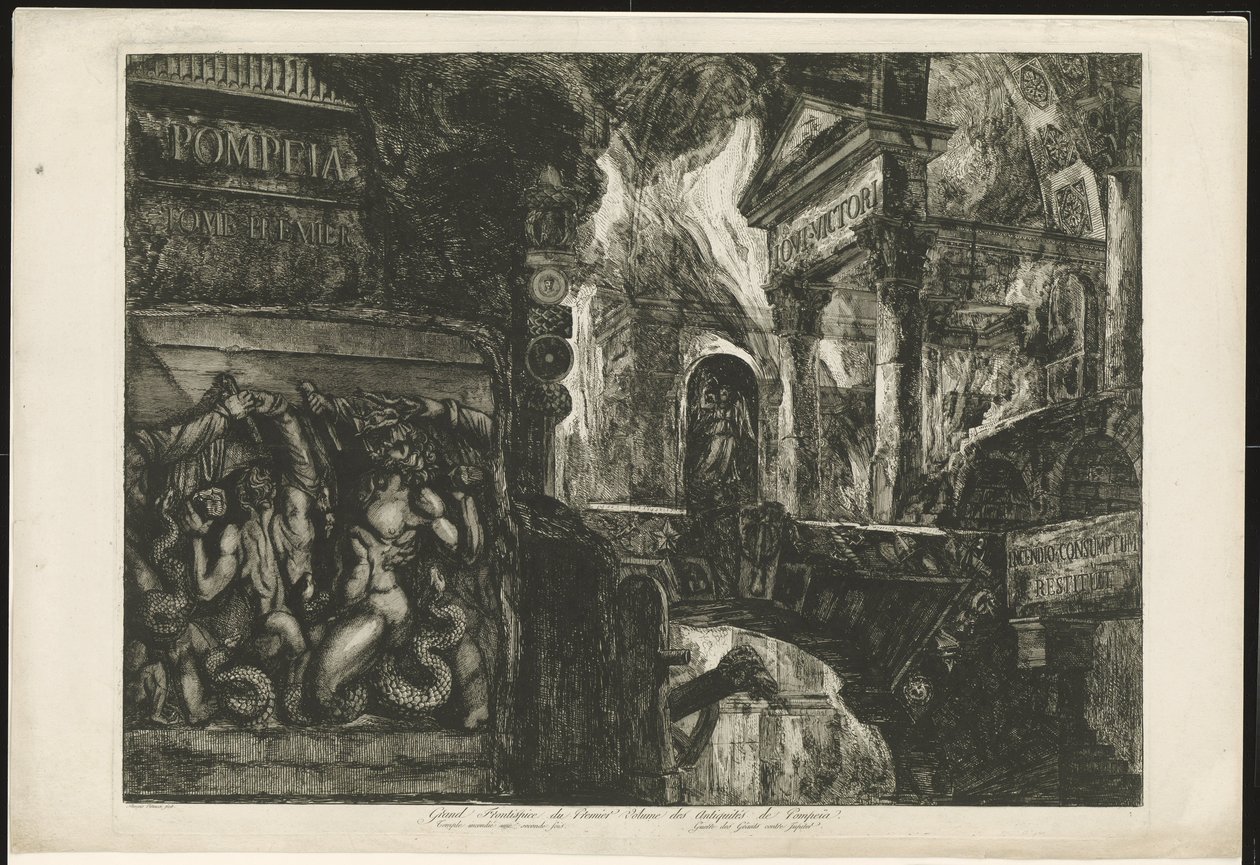 Titelprent met tempel en bouwfragmenten door Francesco Piranesi