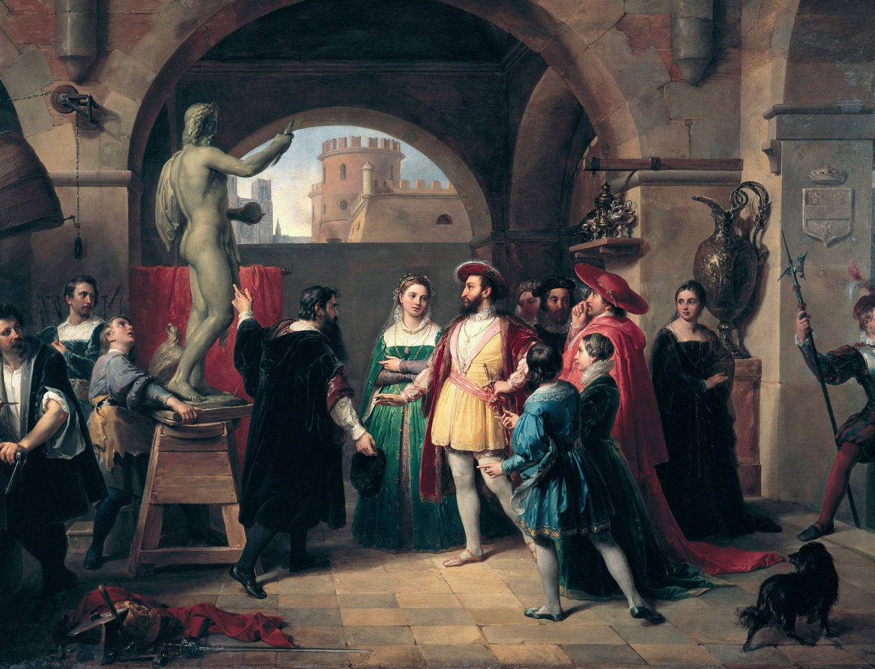 De koning van Frankrijk Frans I (1494-1547) bezoekt het atelier van Buenvenuto Cellini (1500-1571) in Rome. De schilder presenteert de koning een beeldhouwwerk van Sint Jan de Evangelist door Francesco Podesti