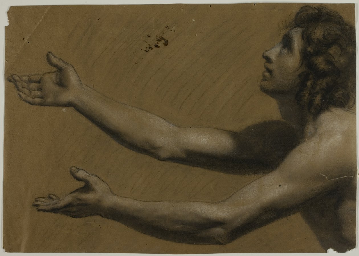 Jonge man kijkt omhoog met uitgestrekte armen (recto); vrouw houdt spiegel vast (verso) door Francesco Podesti