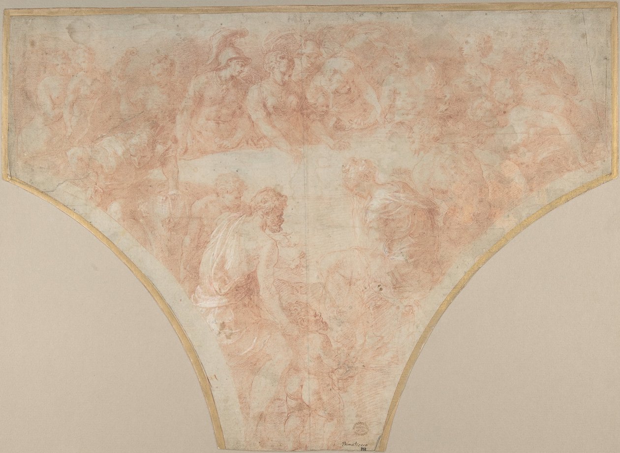 Appel van onenigheid gegooid door Eris bij het huwelijk van Peleus en Thetis: Studie voor fresco..., 1504-70 door Francesco Primaticcio