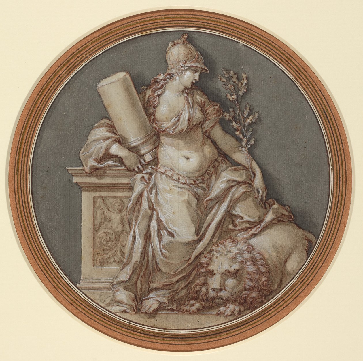Allegorie van standvastigheid (pen en bruine inkt met grijs en bruin gewassen, gehoogd met witte gouache, over zwart krijt) door Francesco Rosaspina