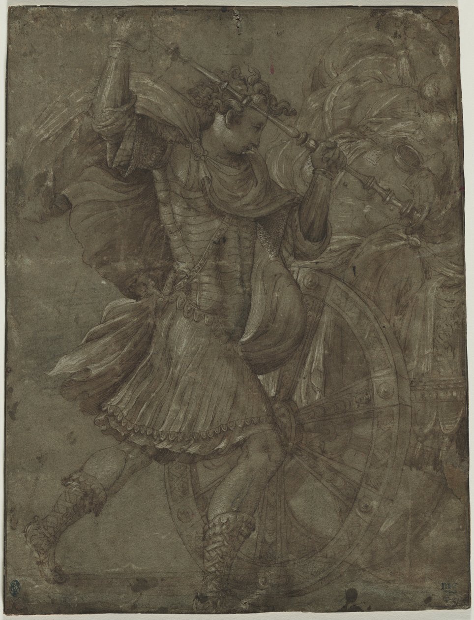 Man in harnas naast een strijdwagen, ca. 1550 door Francesco de Rossi Salviati Cecchino