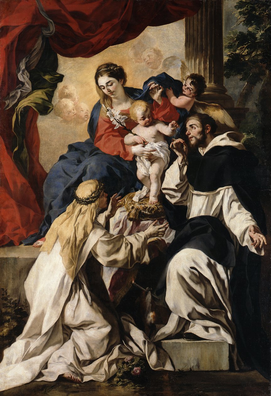 De tronende Maria met het Kind, de heilige Dominicus en de heilige Catharina van Siena (Rozenkransmadonna) door Francesco Solimena