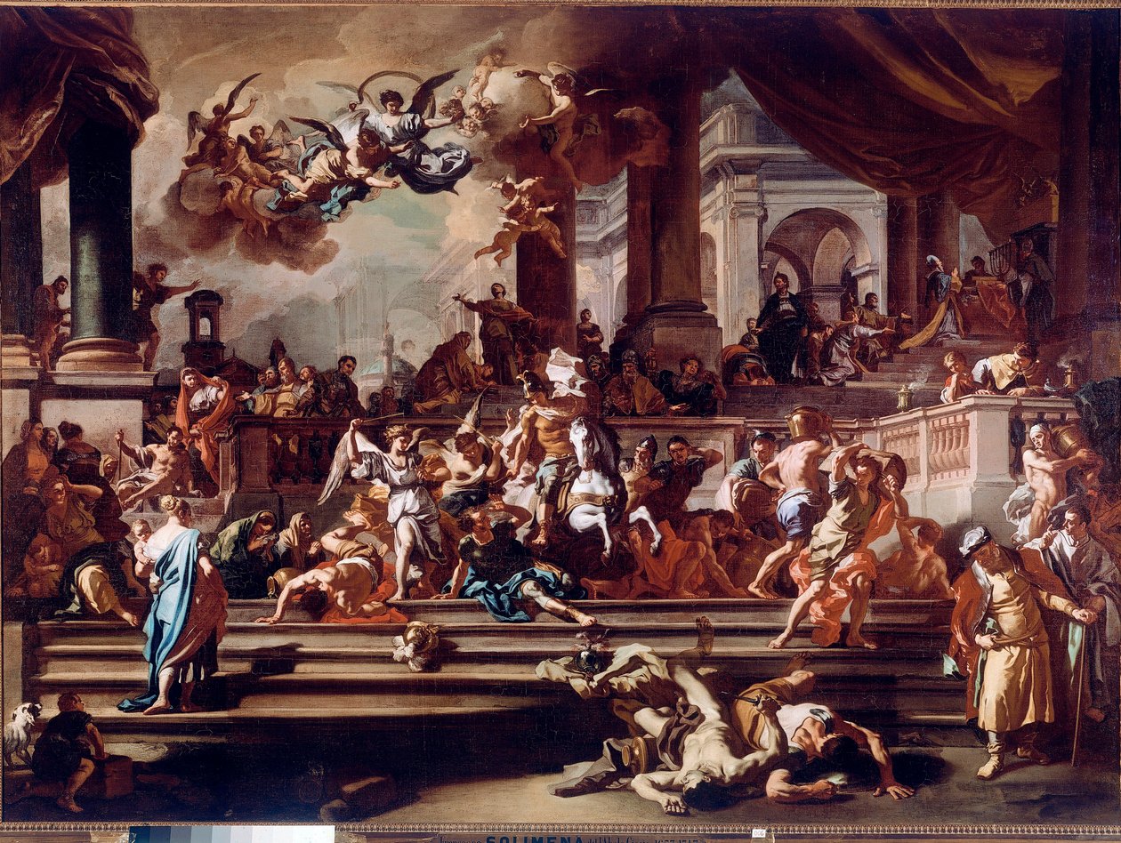 Heliodorus uit de tempel verdreven door de engelen. Schilderij door Francesco Solimena, genaamd l