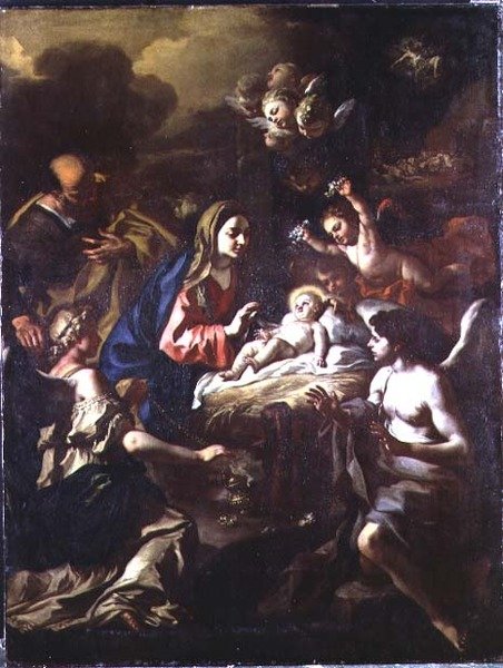 Geboorte met aanbiddende engelen en aankondiging aan de herders door Francesco Solimena