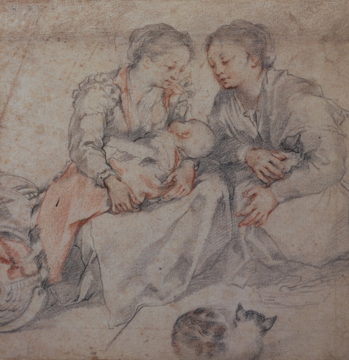 Twee vrouwen en een baby met een kat door Francesco Vanni