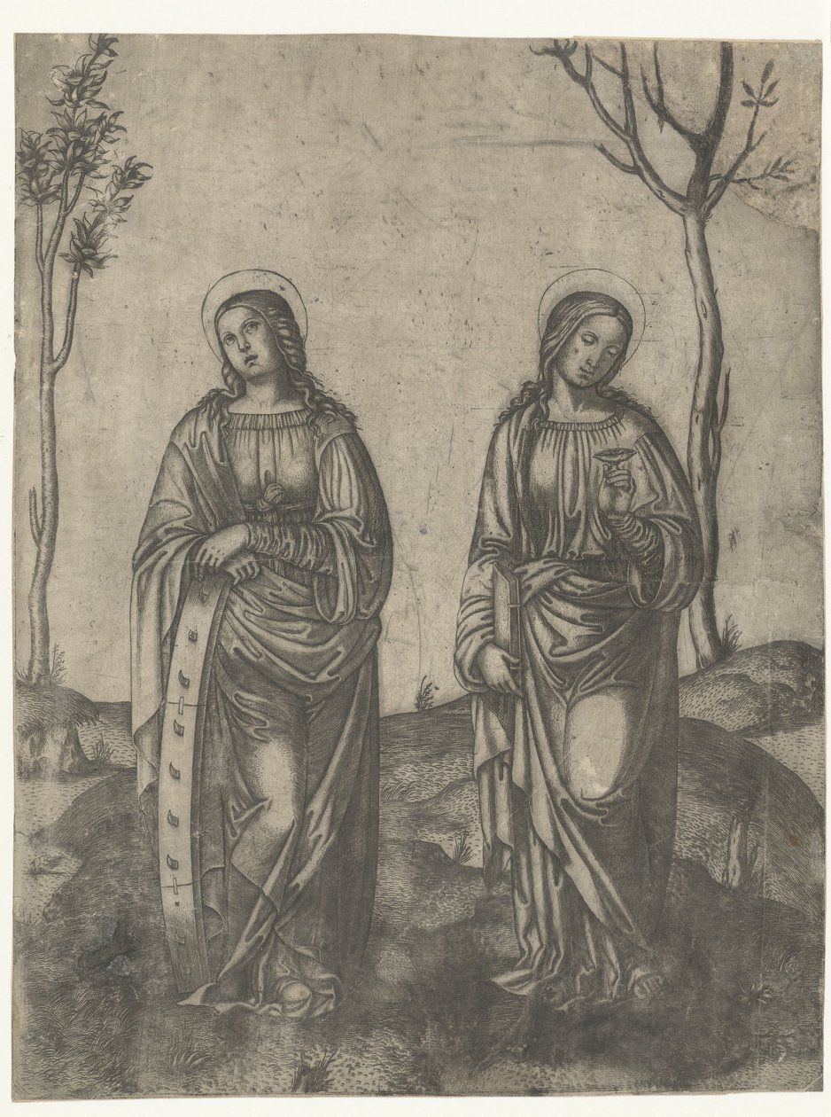 Heiligen Catharina met gebroken wiel en Lucia met ogen op schaaltje door Francesco di Francia (attributed to)